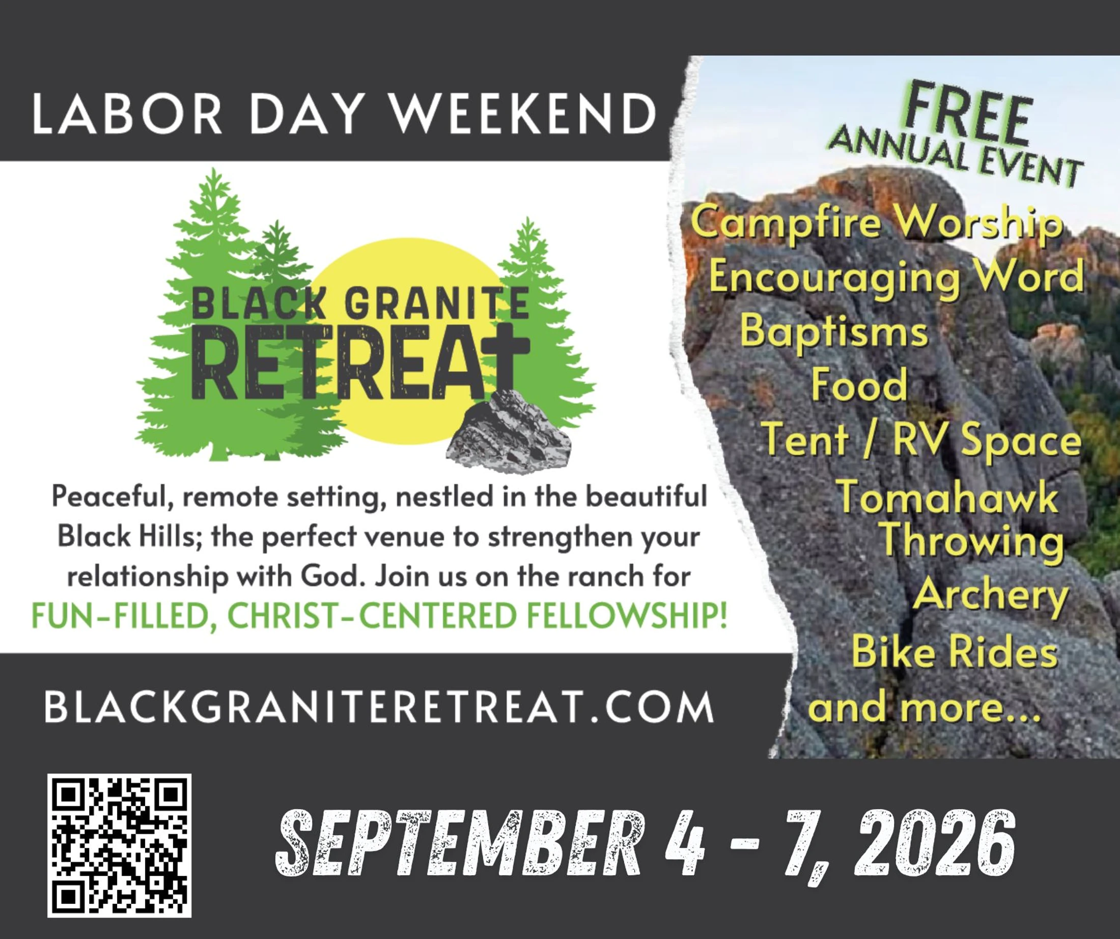 Flyer for Black Granite Retreat, a free Christ-centered event in the Black Hills on Labor Day Weekend, September 4-7, 2026, listing activities and details.