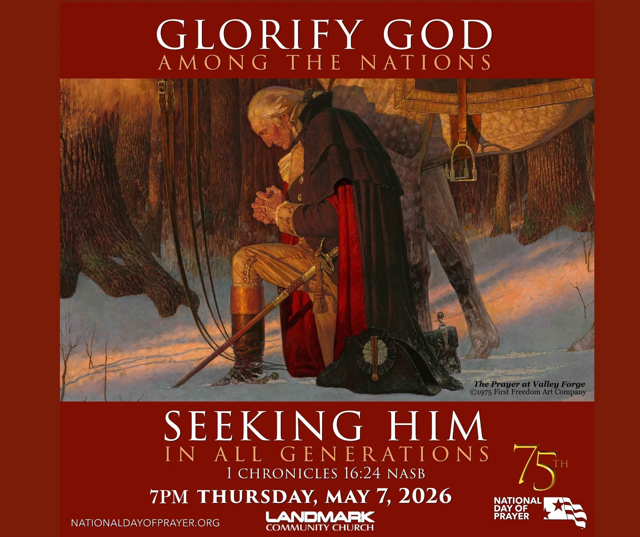A poster for the 75th National Day of Prayer, showing George Washington kneeling in prayer in the snow. Event details are for May 7, 2026.