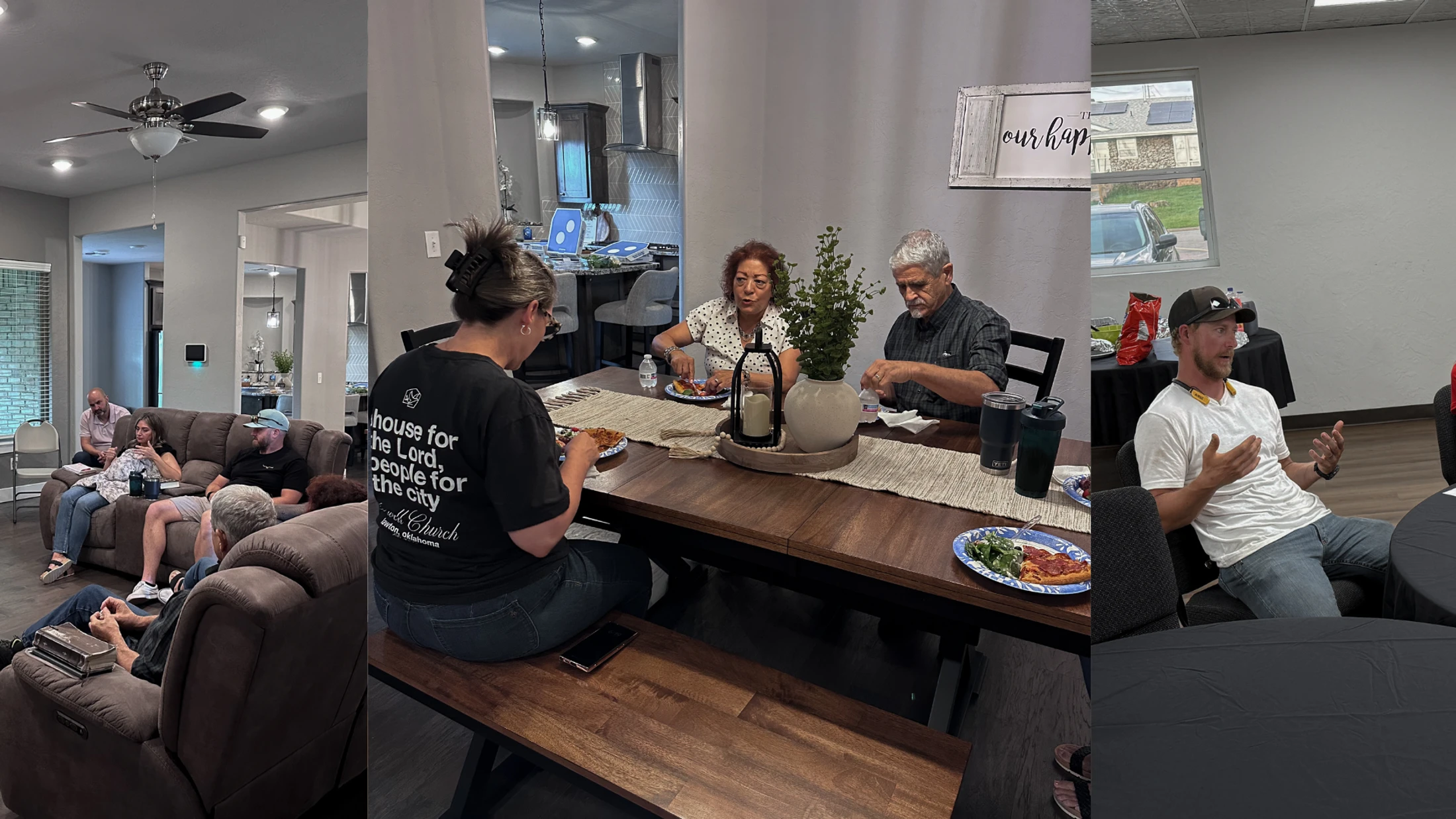 A photo collage showing people gathering. One group sits on couches, another eats at a dining table, and a man speaks animatedly at a meeting.