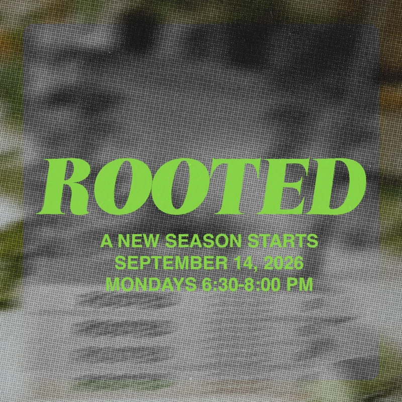A graphic with bright green text that reads "ROOTED" over a halftone-textured background. It announces a new season starting September 14, 2026.