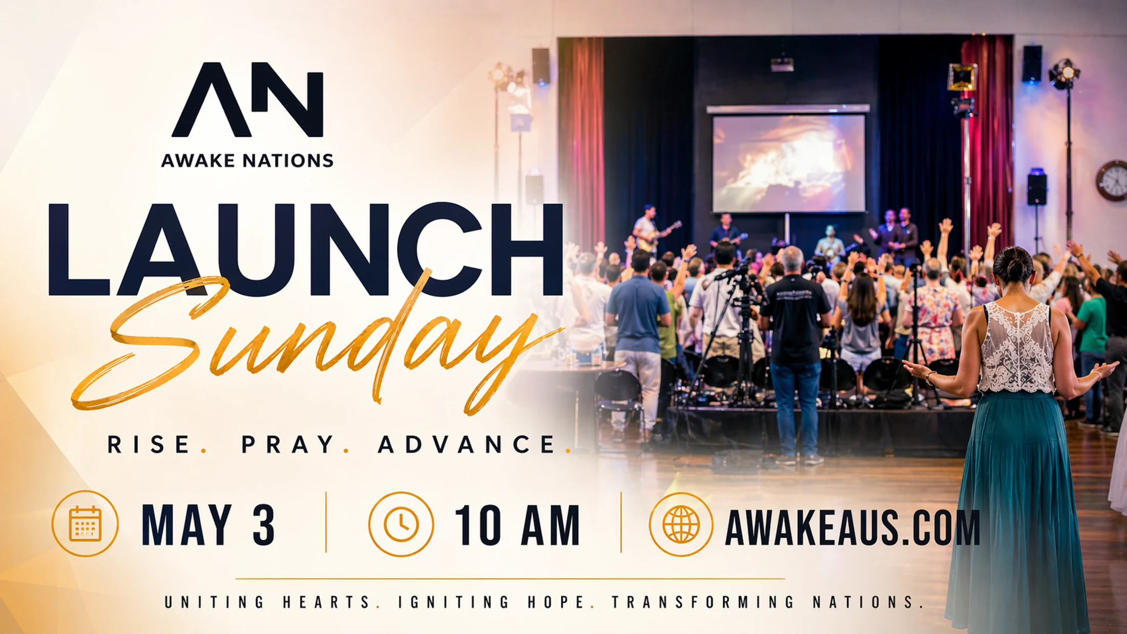 A promotional graphic for 'Launch Sunday' by Awake Nations. A crowd worships a band on stage, with the event date, time, and website displayed.
