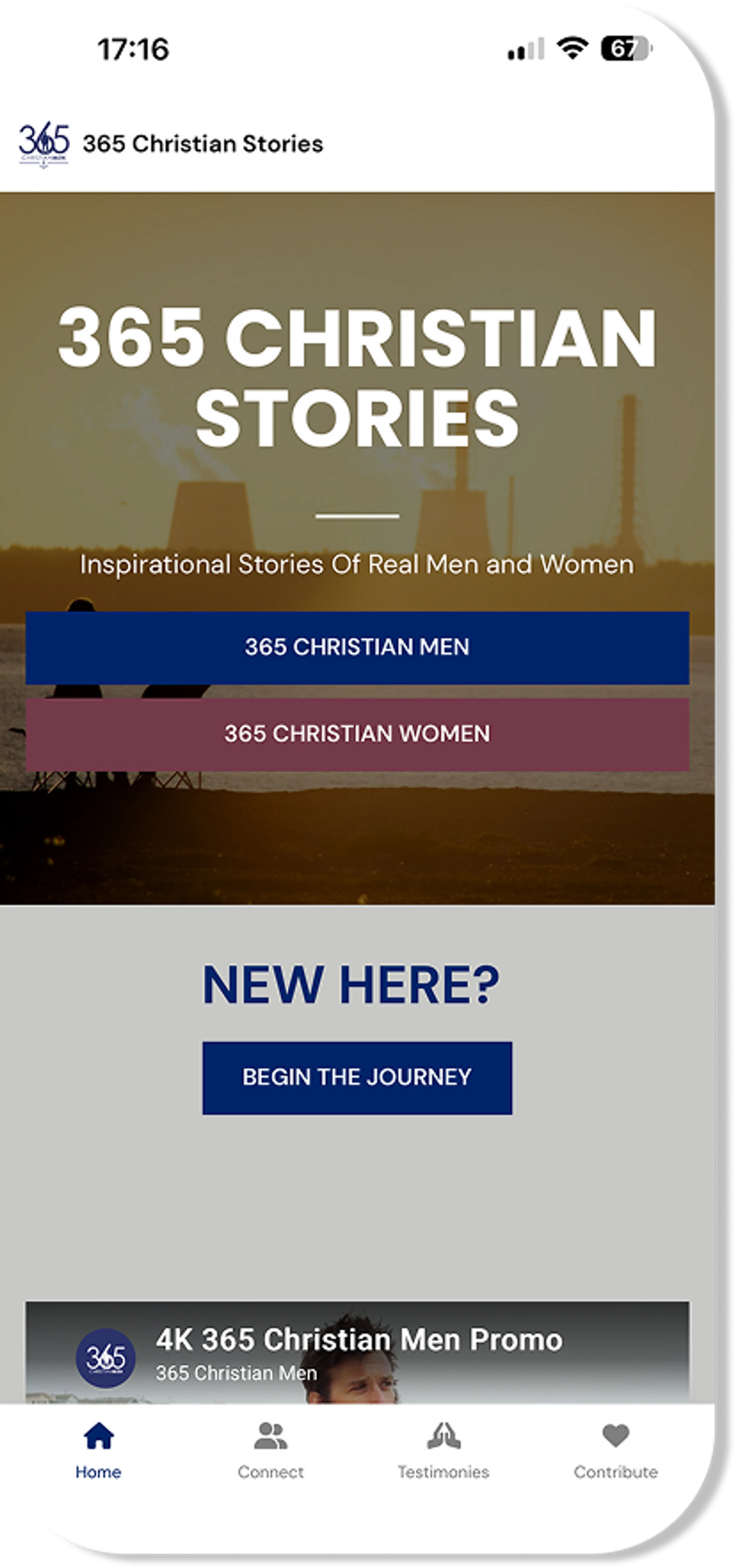 A screenshot of a mobile app called '365 Christian Stories', showing the home screen with options to read stories about Christian men and women.