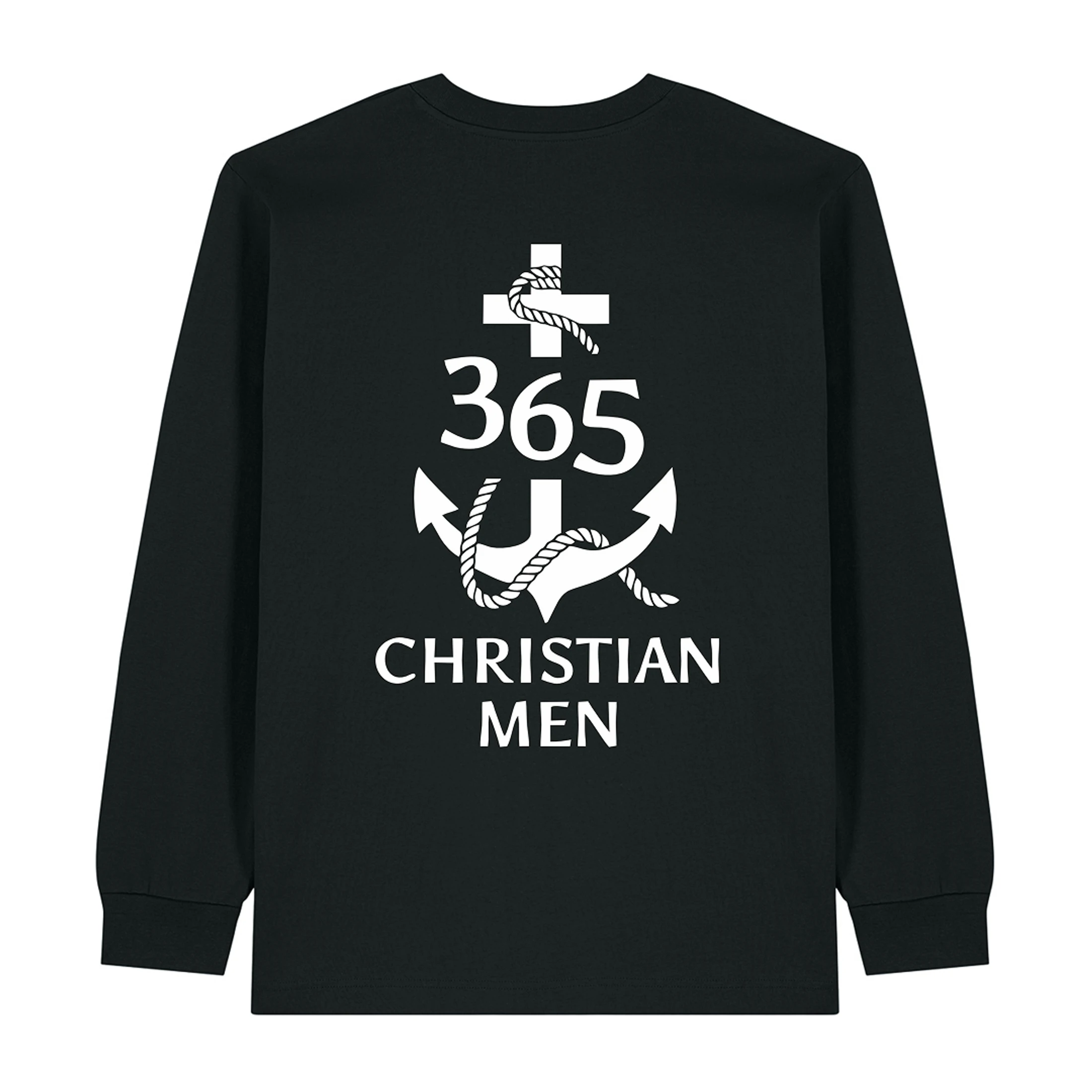 A black long-sleeve t-shirt with a white back graphic of a cross, the number 365, and an anchor over the words 'CHRISTIAN MEN'.