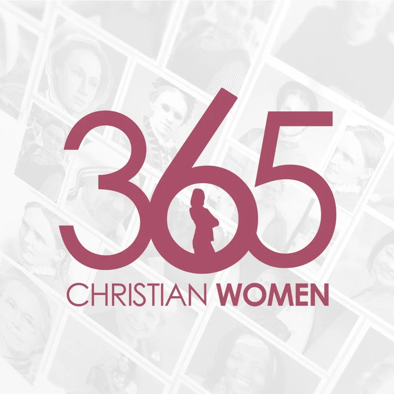 The logo for "365 Christian Women" in pink, with a silhouette of a woman in the number 6, over a faded collage of historical women's portraits.
