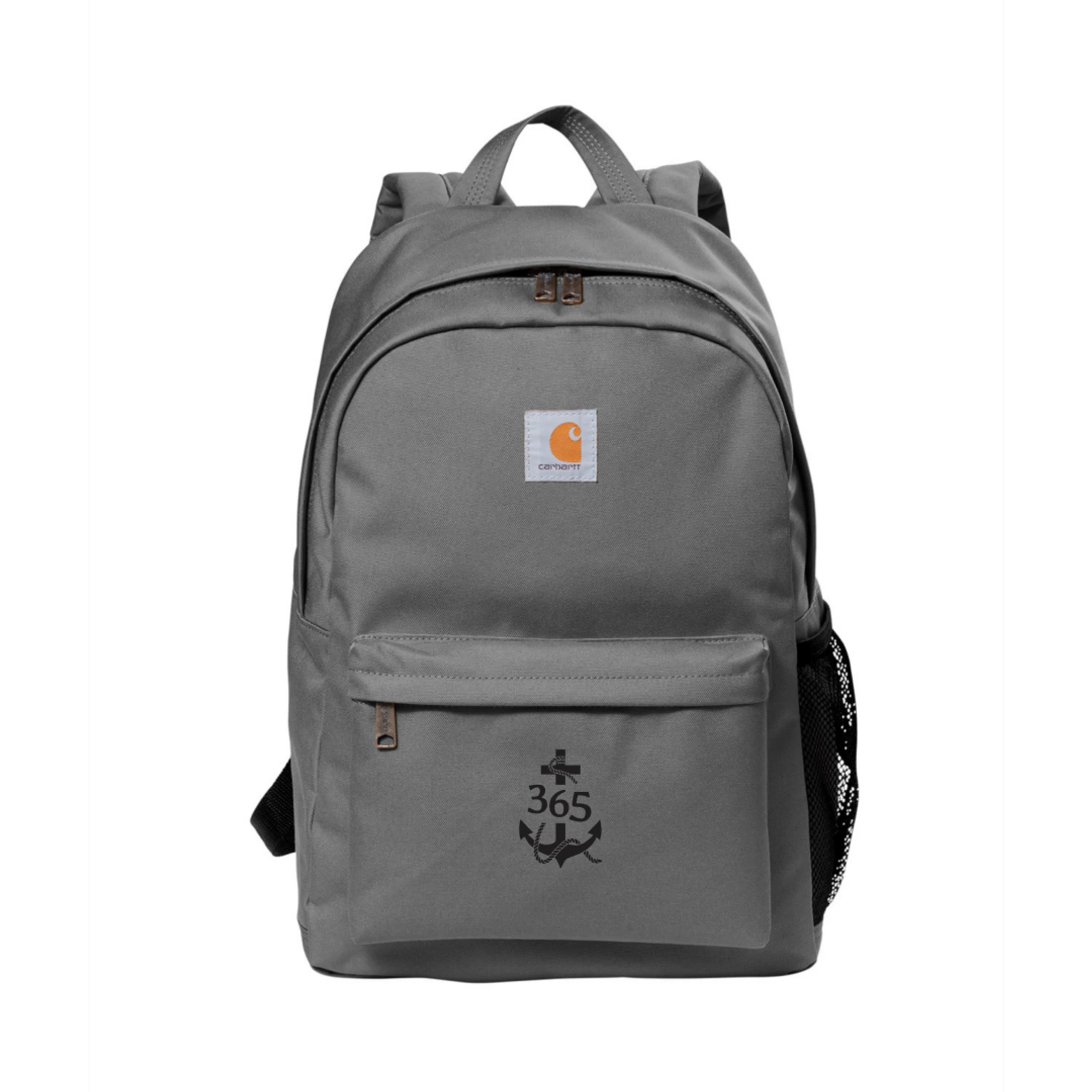 A grey Carhartt backpack shown on a white background. The front pocket features a custom black logo with '365', a cross, and an anchor.