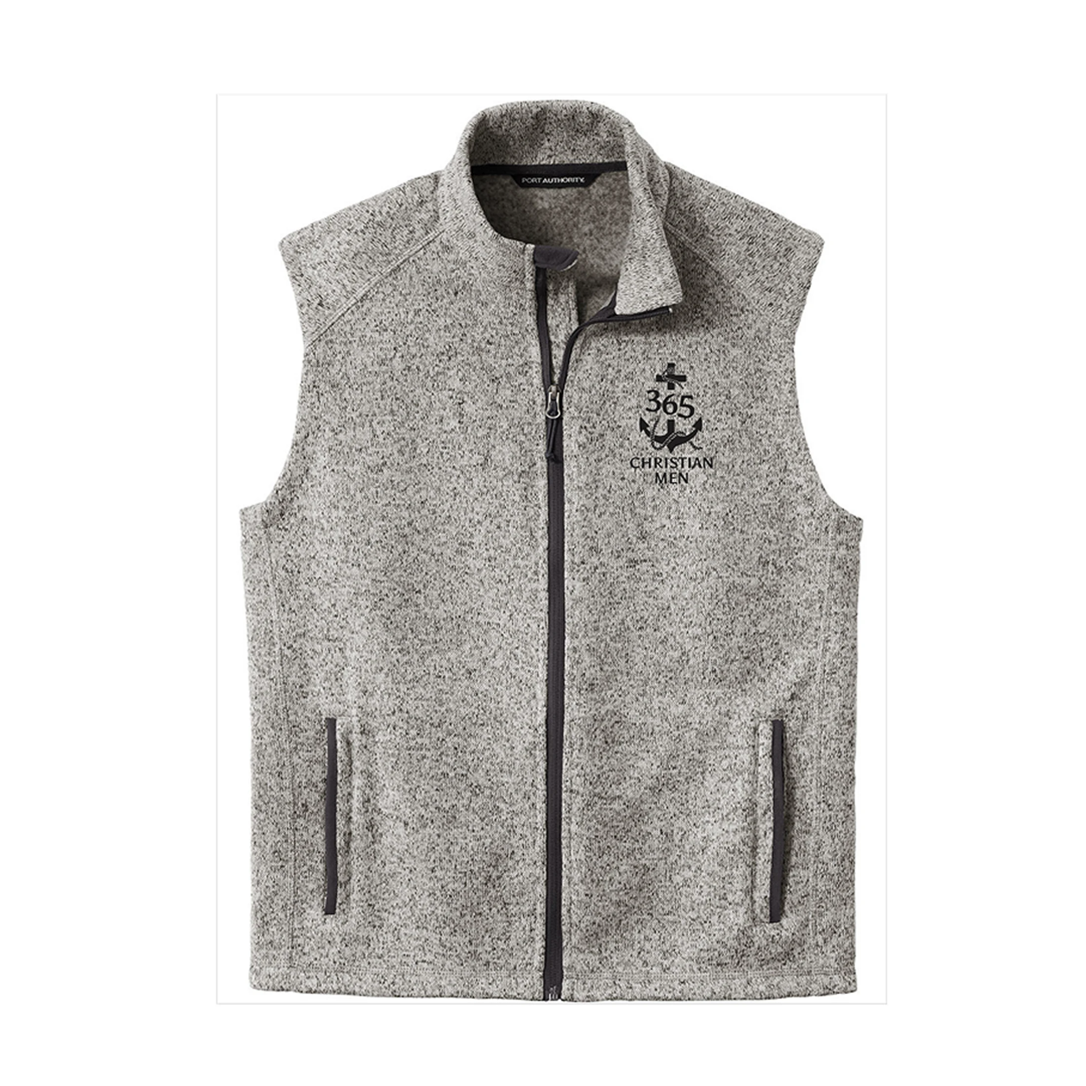 A light gray, full-zip men's fleece vest with a black embroidered logo on the chest that reads '365 Christian Men' with a cross and an anchor.