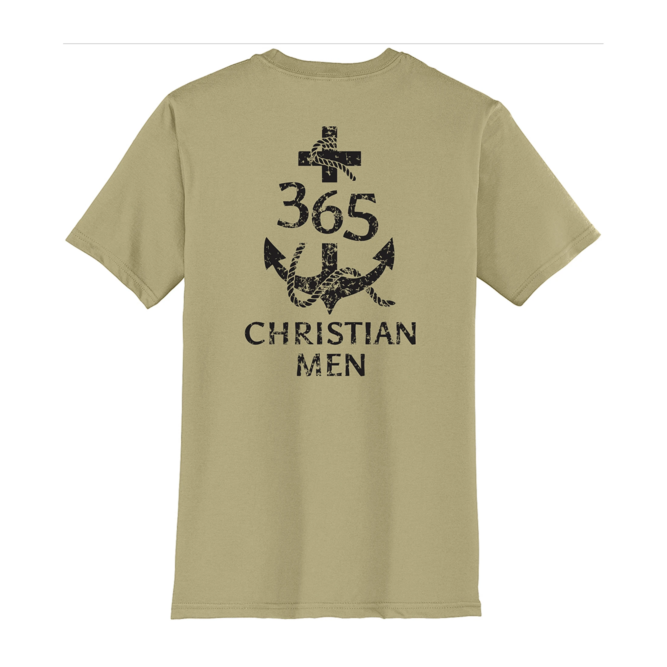 Back of a tan t-shirt with a distressed black graphic featuring a cross, anchor, rope, and the text '365 Christian Men'.