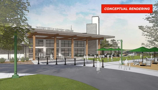 An architectural rendering of the modern Forest Hills Baptist Church, featuring a glass facade, wooden beams, and an outdoor plaza with people gathering.