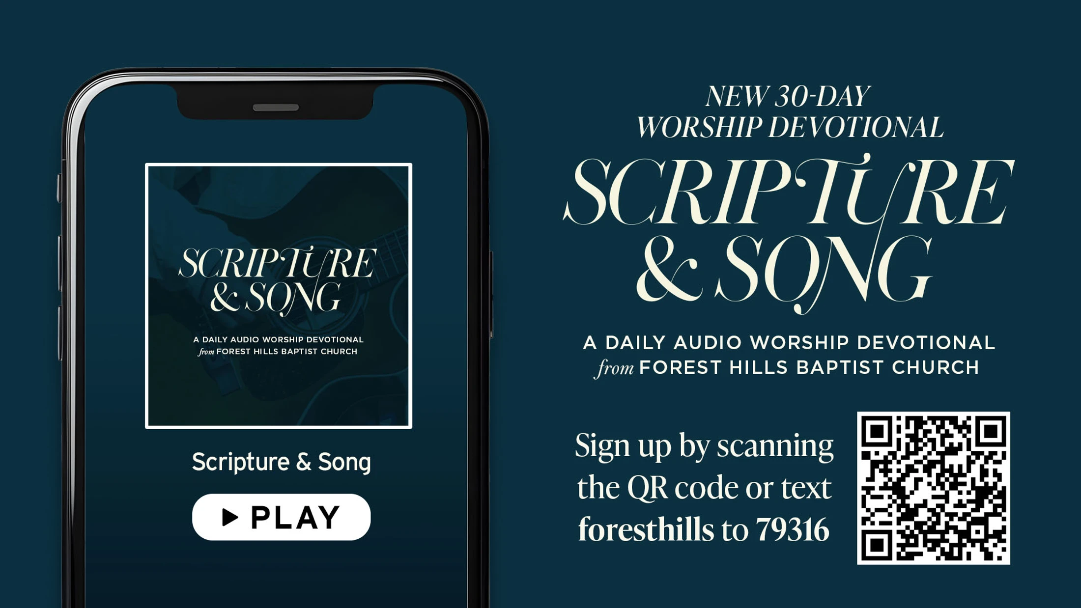A promotional graphic for a 30-day audio devotional. A smartphone displays the player, and text provides a QR code and number to sign up.
