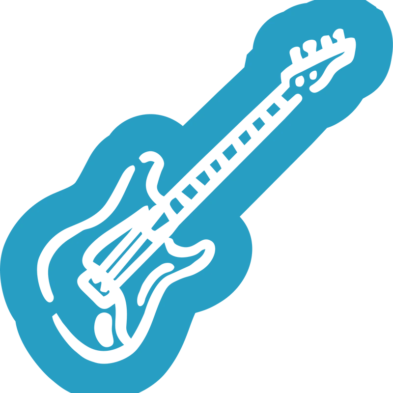 A simple, stylized icon of a white electric guitar on a solid blue background, tilted diagonally upwards from left to right.