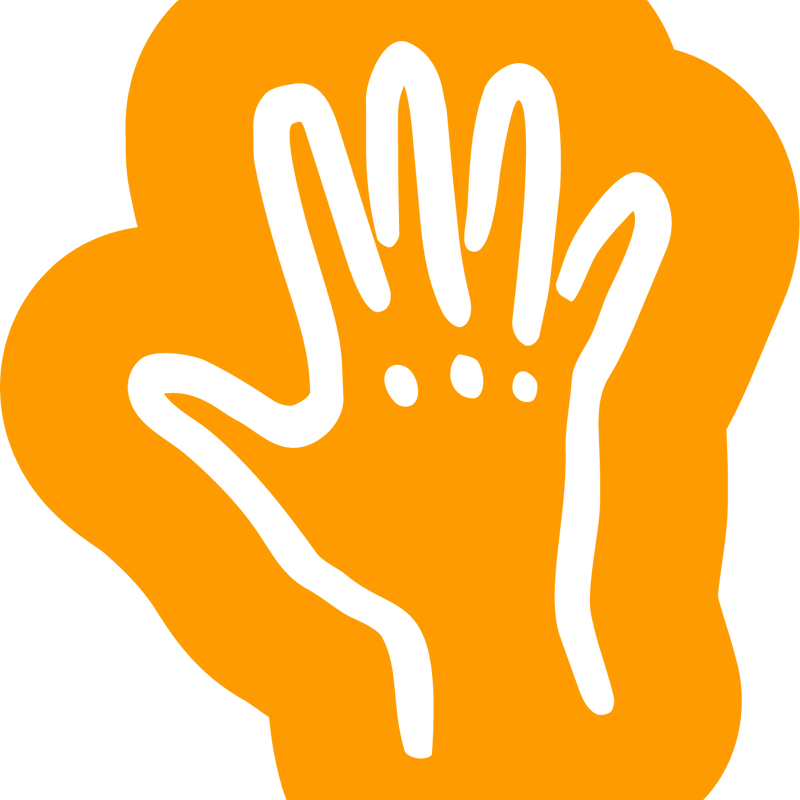 A simple, childlike drawing of a white hand with five fingers spread out, set against a bright orange, cloud-like background.