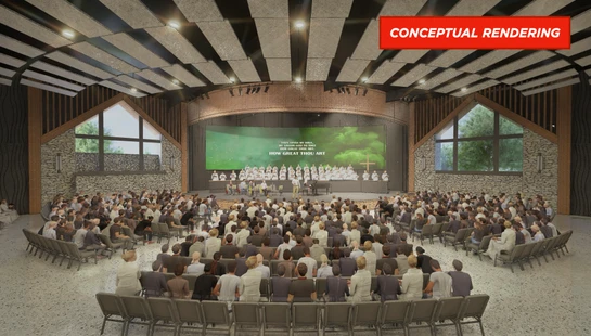 A conceptual rendering of a spacious, modern church auditorium with a large congregation facing a stage where a choir and orchestra are performing.