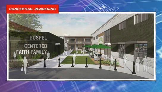 A conceptual rendering of a modern church courtyard with people, a lawn, and patio seating. A building has the words 'Gospel Centered Faith Family' on it.