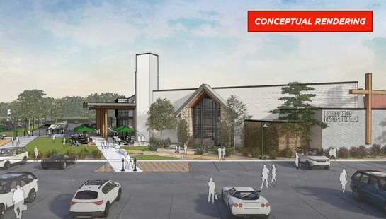 A conceptual rendering of a modern church building with a large parking lot, an outdoor patio with green umbrellas, and a large wooden cross on a brick wall.