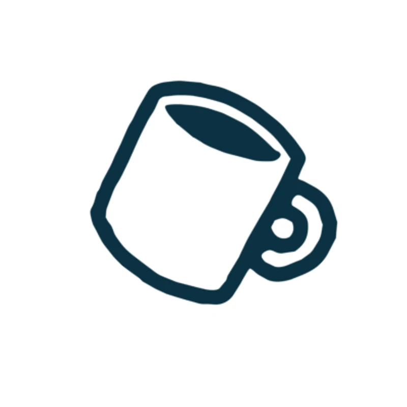 A simple, hand-drawn icon of a dark blue coffee mug tilted slightly to the side on a plain white background.