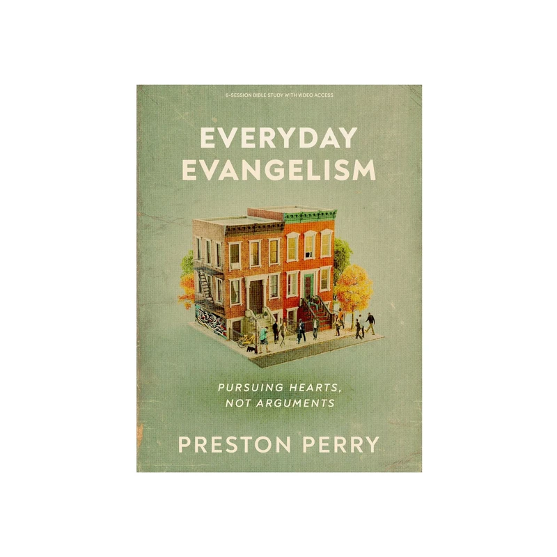 The cover of the book "Everyday Evangelism" by Preston Perry shows an illustration of two urban brick buildings with people walking on the sidewalk.