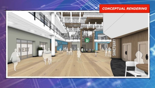 A conceptual rendering of a spacious, modern church lobby with light wood floors, a second-floor balcony, and signs for a sanctuary and kids' areas.