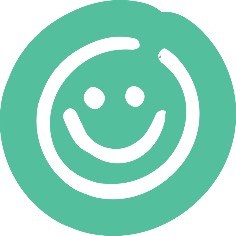 A simple, hand-drawn white smiley face on a solid light green circular background. The style is childlike and friendly.
