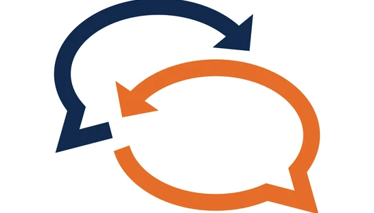 An abstract icon with a blue curved arrow and an orange speech bubble intertwined, representing a continuous cycle of communication, conversation, or feedback.