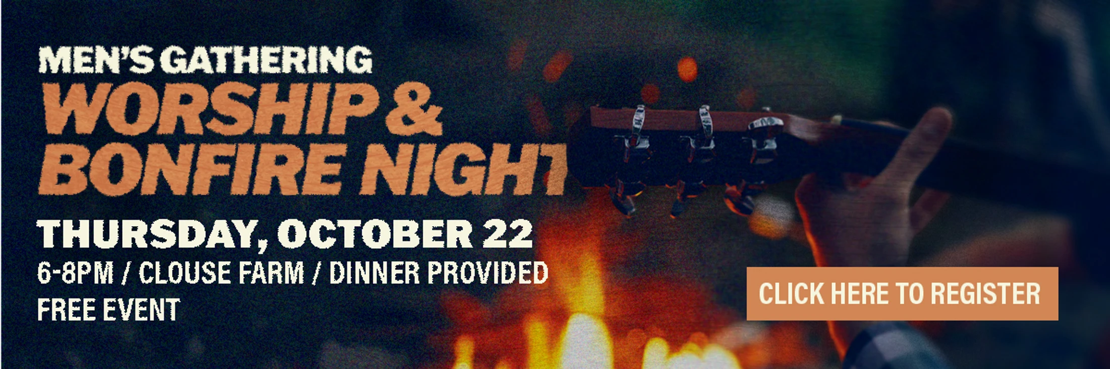 An event banner for a Men's Gathering Worship & Bonfire Night on Oct. 22. A guitar is being played in front of a bonfire at night.