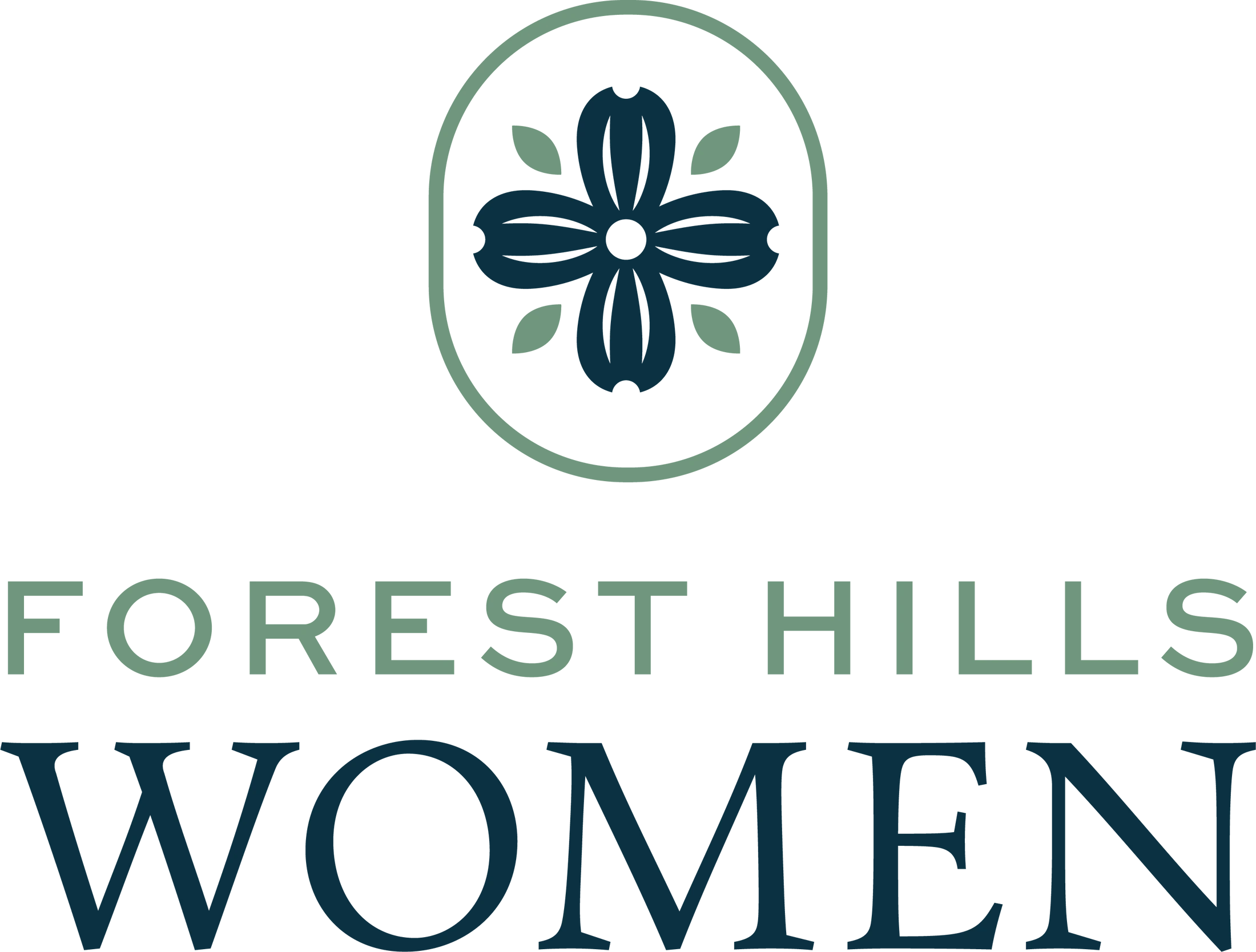 The logo for Forest Hills Women, featuring a stylized dogwood flower icon above the text in green and dark teal.