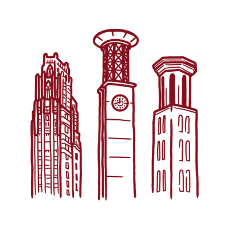 A maroon line drawing of three University of Michigan towers: Burton Memorial Tower, Lurie Tower, and the Michigan Union tower, on a white background.