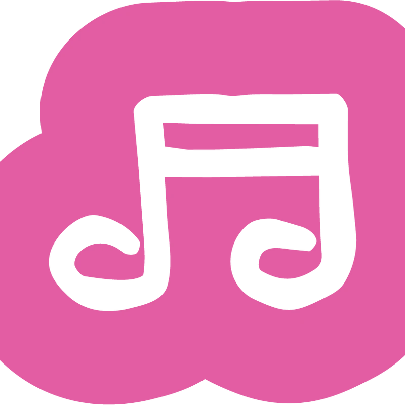A hand-drawn white musical note with a double beam, set against a bubbly, cloud-like pink background, creating a simple and charming music icon.