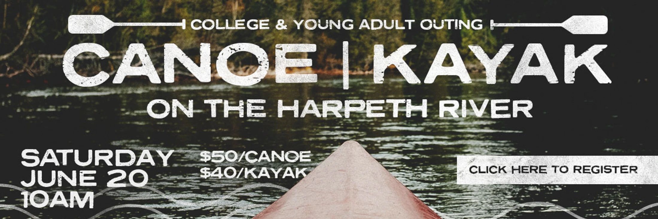 Promotional banner for a canoe and kayak outing on the Harpeth River for college and young adults. Event is on Saturday, June 20 at 10 am.