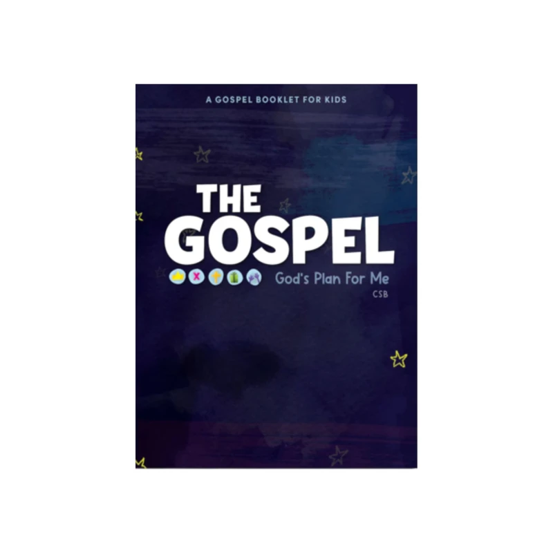 The cover of a children's booklet titled 'The Gospel: God's Plan For Me' on a dark blue background with yellow stars.