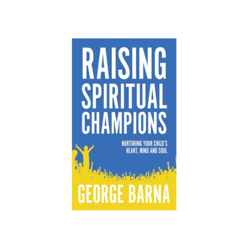 The cover of the book 'Raising Spiritual Champions' by George Barna, featuring white text on a blue background over yellow silhouettes of a cheering crowd.