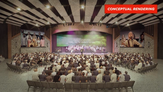 A conceptual rendering of a large, modern auditorium filled with people watching a choir perform on stage during a worship service.