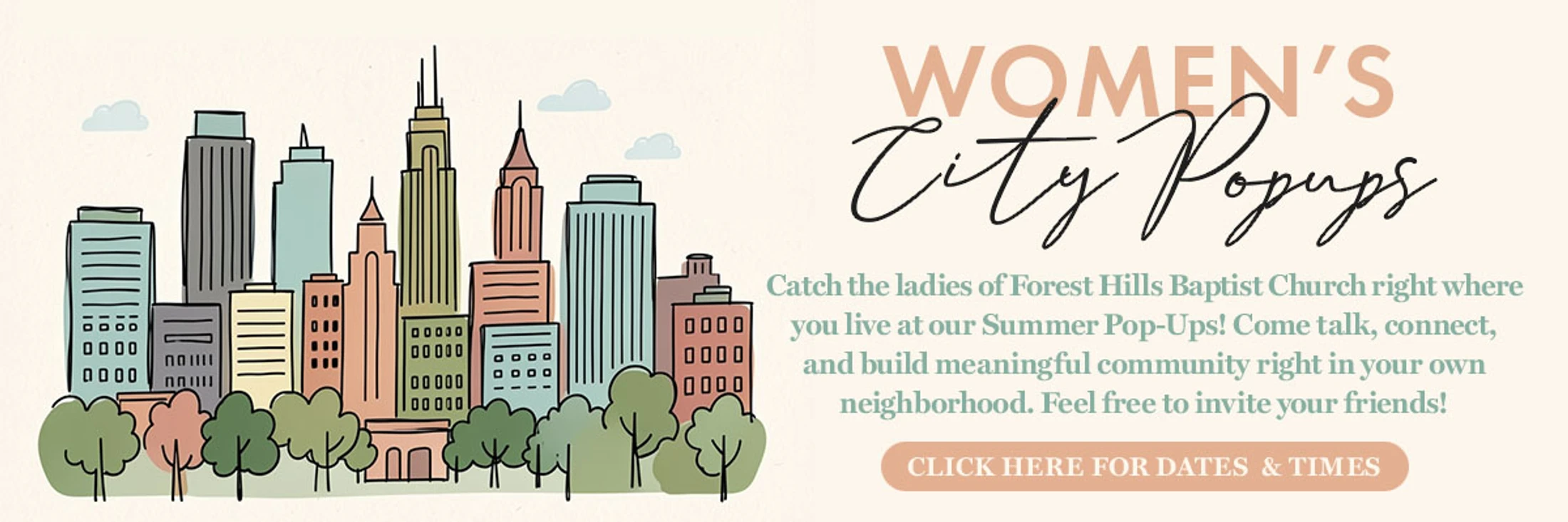 A promotional banner for Women's City Popups, featuring a colorful, illustrated city skyline next to event information for a summer community gathering.