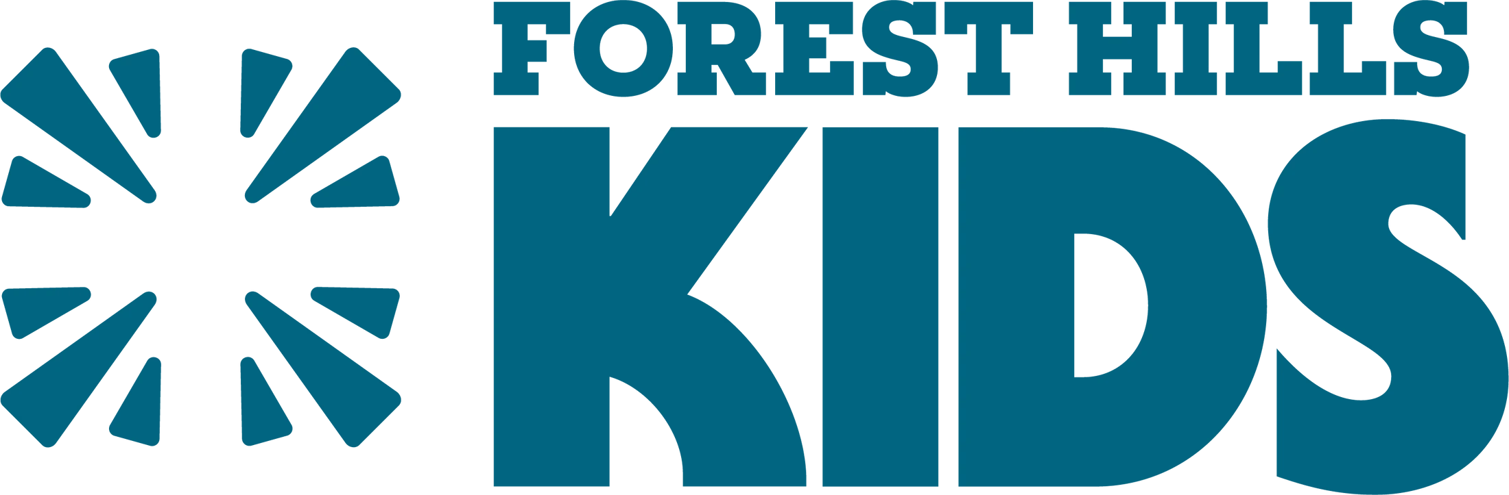 The logo for Forest Hills Kids in dark teal on a white background, featuring a sunburst graphic next to the stacked text.