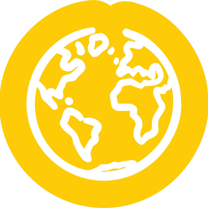 A hand-drawn white outline of the Earth's continents on a solid yellow circular background.