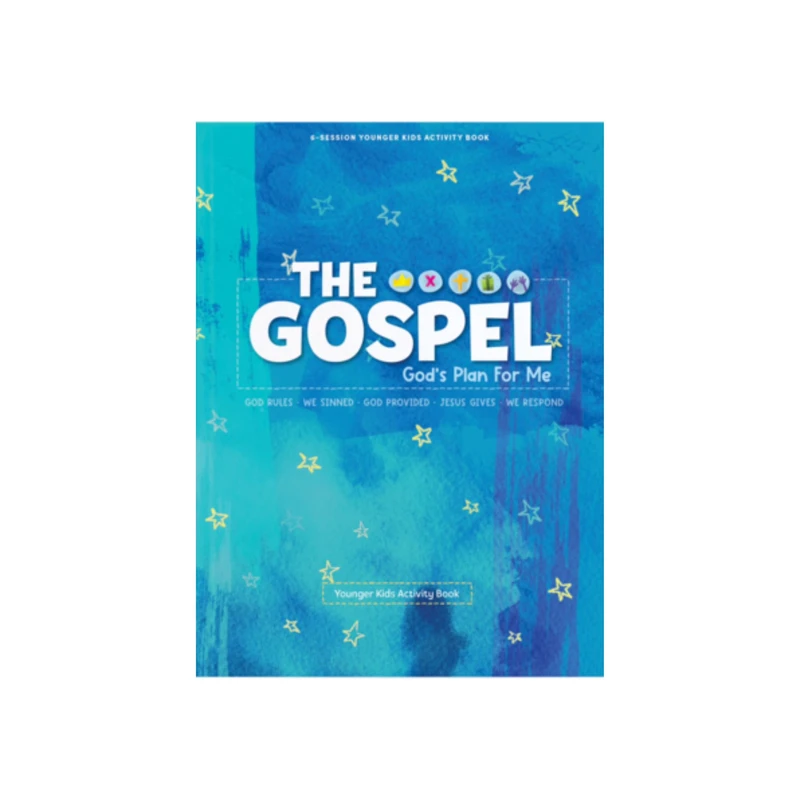 The cover of 'The Gospel: God's Plan For Me' activity book for younger kids. The background is blue with yellow stars and white lettering.