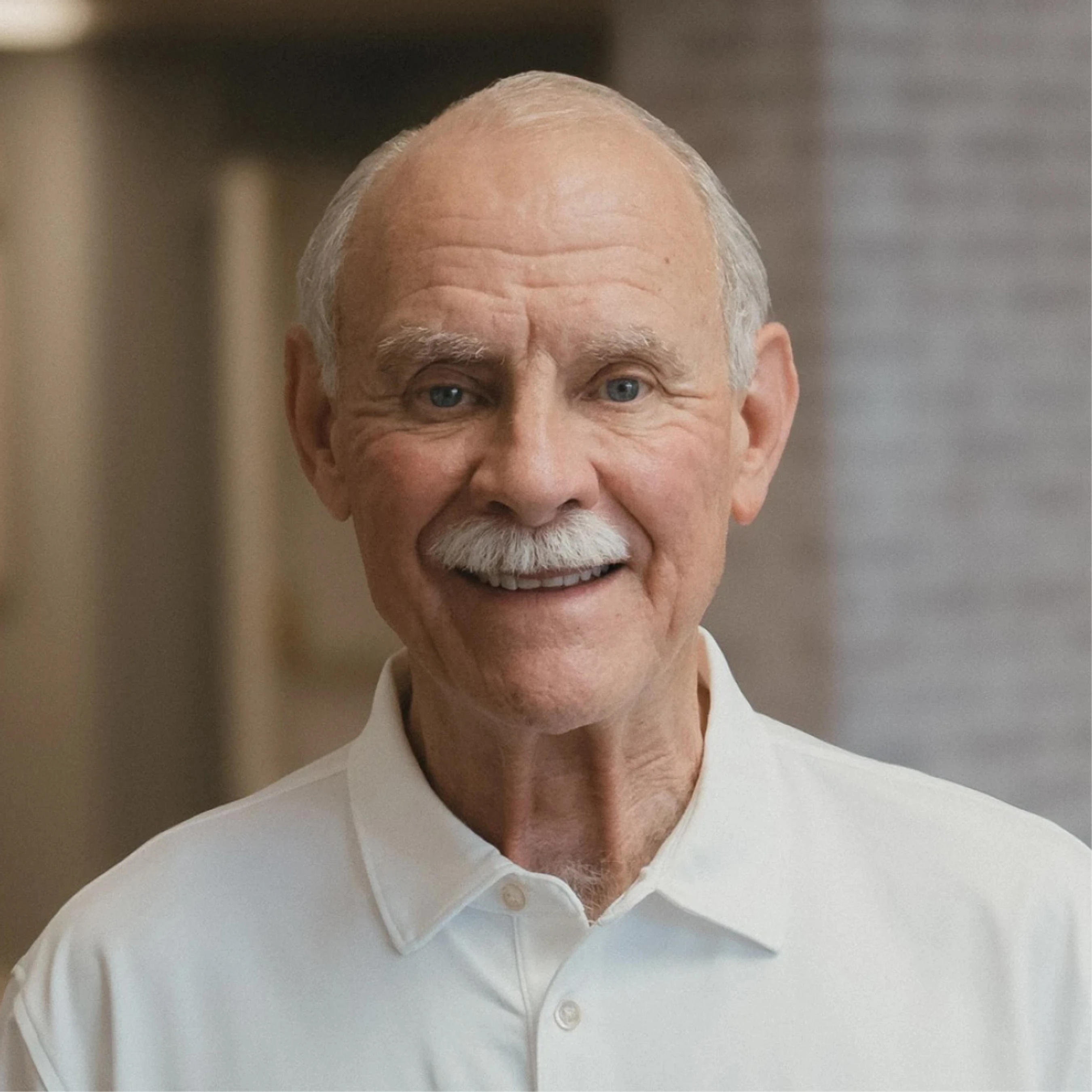 A close-up portrait of an older man with white hair, a white mustache, and blue eyes. He is smiling warmly at the camera while wearing a white polo shirt.