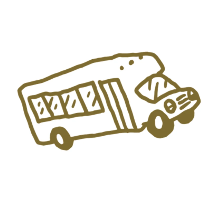 A simple, olive green line drawing of a small shuttle bus or RV. The illustration is depicted from a side angle in a loose, sketchy style on a white background.