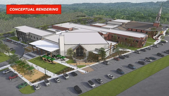 An aerial conceptual rendering of a large church complex with modern and traditional buildings, surrounded by parking lots, landscaping, and distant hills.