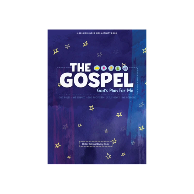 The cover of an activity book titled "The Gospel: God's Plan For Me." The background is dark blue with yellow stars and bold white lettering.