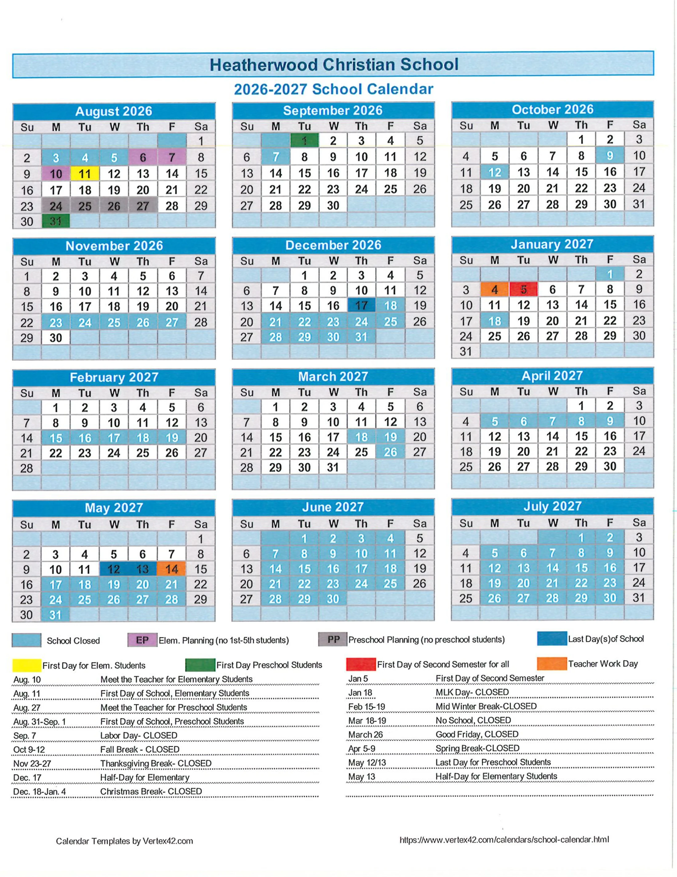 The 2026-2027 school calendar for Heatherwood Christian School, showing months from August to July with holidays and important dates color-coded in a legend.