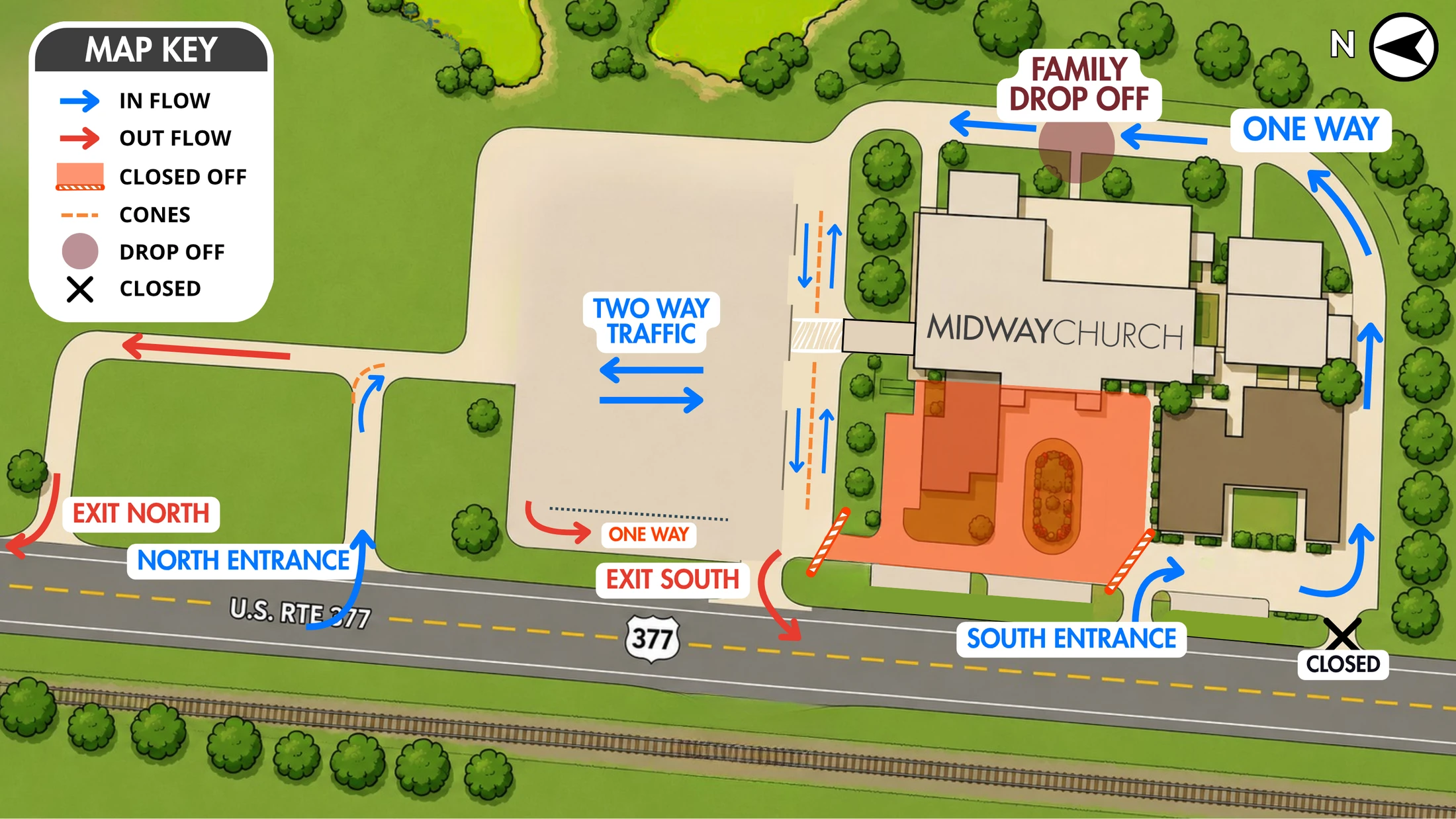 A map of Midway Church showing parking lot traffic flow, including entrances, exits, a one-way loop, and a designated family drop-off zone.