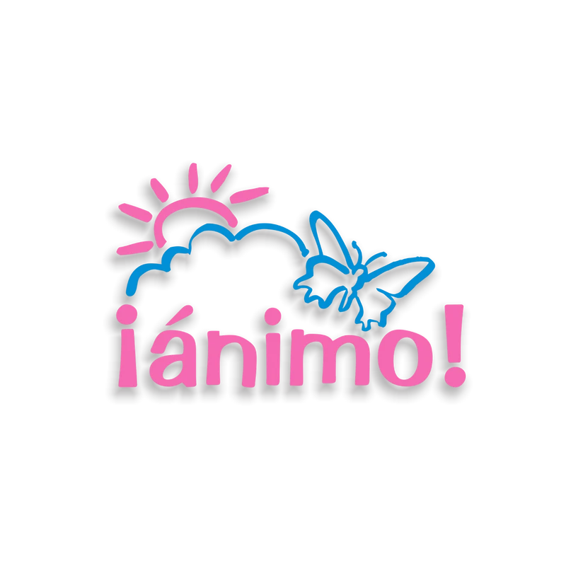 The Spanish word '¡ánimo!' in pink. Above it is a doodle of a pink sun, blue cloud, and blue butterfly. The graphic has a drop shadow on a white background.
