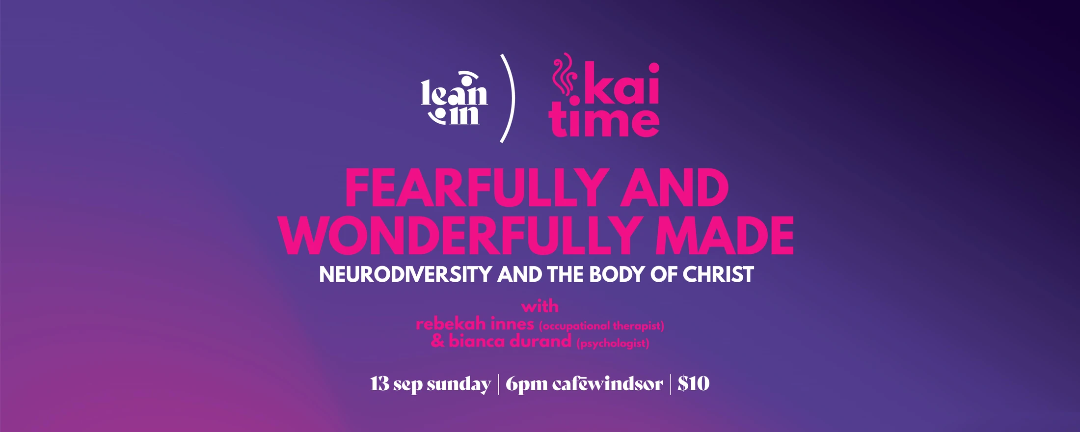 A purple promotional banner for an event titled "Fearfully and Wonderfully Made: Neurodiversity and the Body of Christ" with event details listed below.