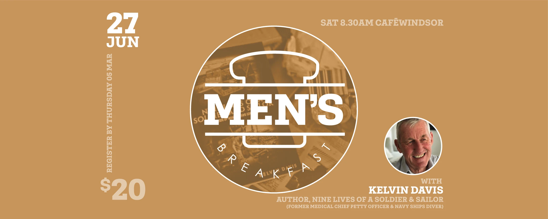 A brown promotional banner for a Men's Breakfast on June 27th at 8:30 am with author Kelvin Davis. The event is at Café Windsor and costs $20.