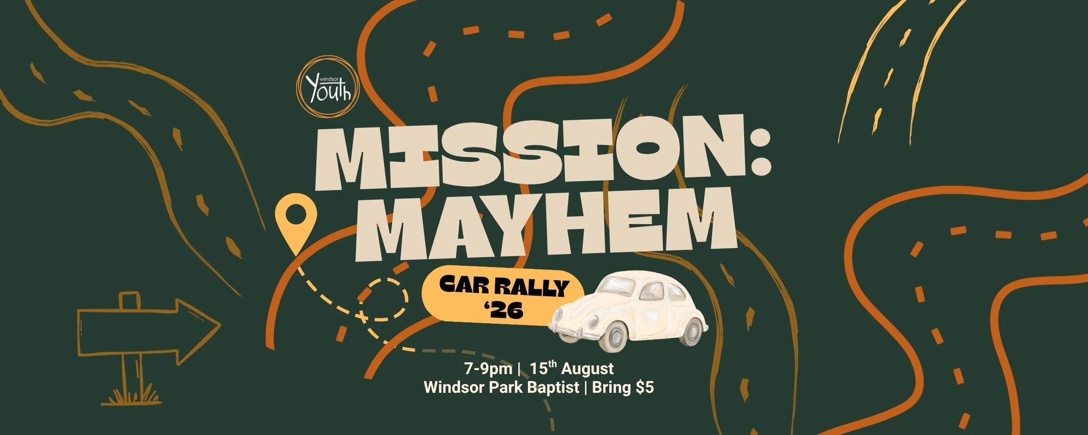 A promotional banner for a youth car rally called 'Mission: Mayhem' on a dark green background with orange road graphics and a vintage car illustration.