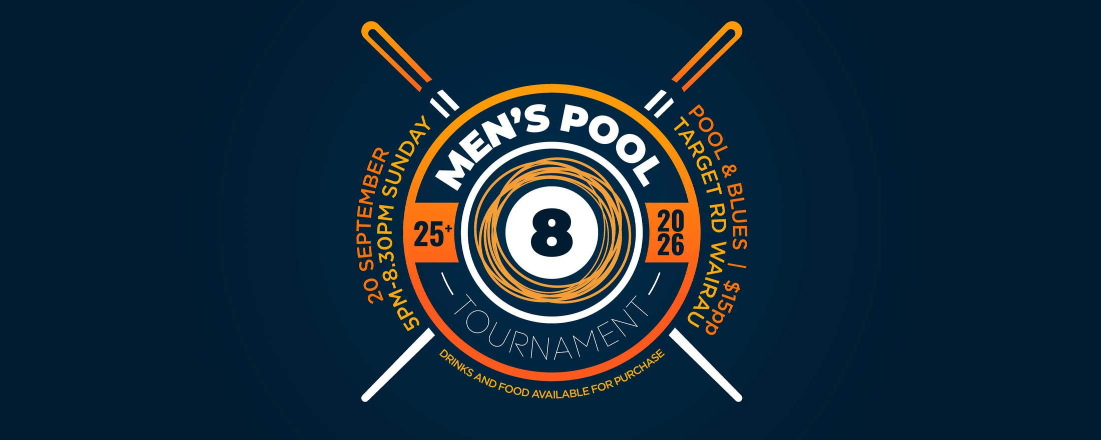 A dark blue promotional banner for a men's pool tournament, featuring a central logo of an 8-ball and crossed pool cues, with event details in orange text.