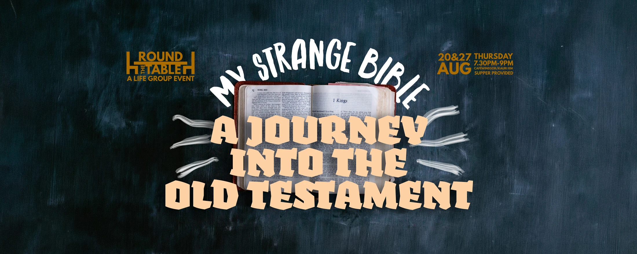 Promotional banner for 'My Strange Bible,' an event about the Old Testament, with text over an open Bible on a dark background.