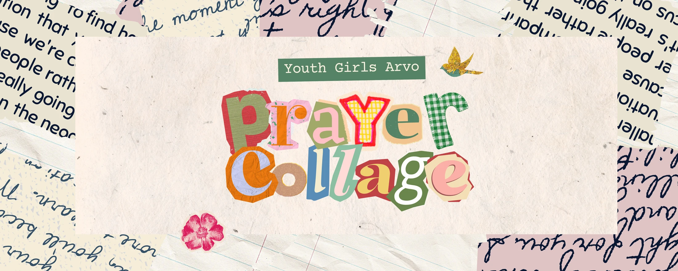 A digital collage with the words "Prayer Collage" made from colorful, cut-out letters. A banner above reads "Youth Girls Arvo" on a background of paper scraps.
