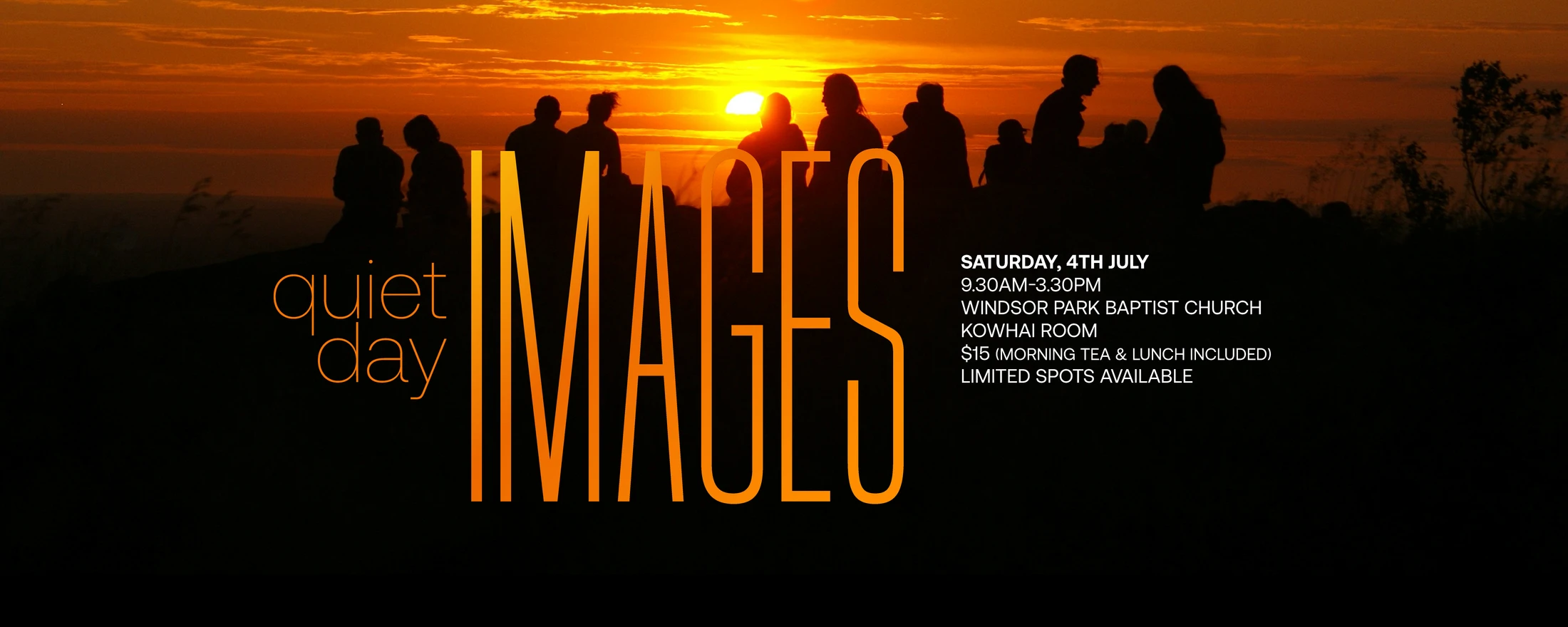 Promotional banner for a 'Quiet Day Images' event. Silhouettes of people watch an orange sunset. Event details are listed on the right.