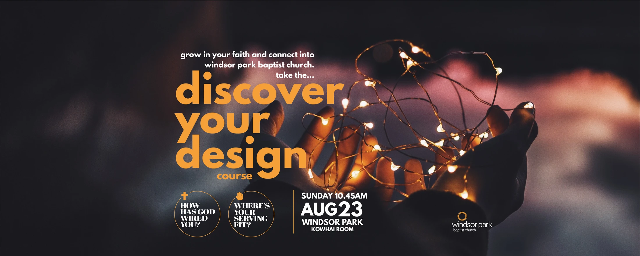 Promotional banner for the 'Discover Your Design' course. The background shows hands holding glowing fairy lights. Text includes event details.